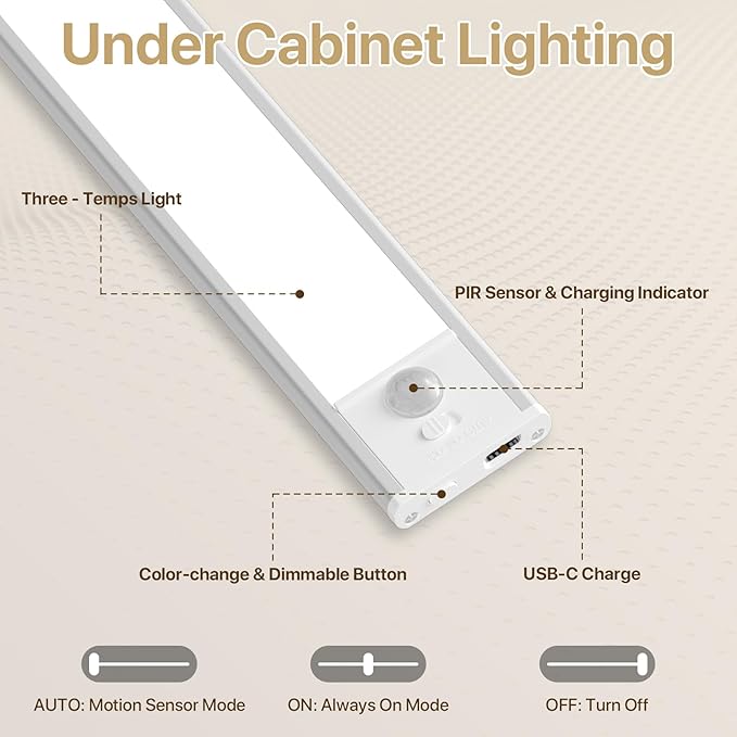 ORALUCE Under Cabinet Lighting Rechargeable Magnetic, 8inch LED Motion Sensor Light Indoor Battery Operated 3 Color Dimmable, Wireless Closet Lights for Kitchen Counter Stairs, 4 Pack