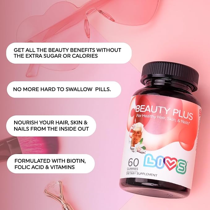 LIVS Beauty Plus Gummy Vitamins - Biotin Gummies for Hair, Skin and Nails | Natural, Gluten-Free, Non-GMO Beauty Supplement with Vitamin A, C, E, B12, D2, Zinc & More - Cream Soda Flavor - 60 Ct