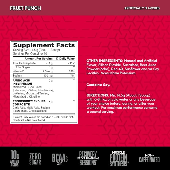 BSN Amino X Muscle Recovery & Endurance Powder, BCAAs, 10 Grams of Amino Acids, Keto Friendly, Caffeine-Free, Support Endurance, Zero Sugar, Fruit Punch, 30 servings, 15.34 Ounce (Packaging May Vary)