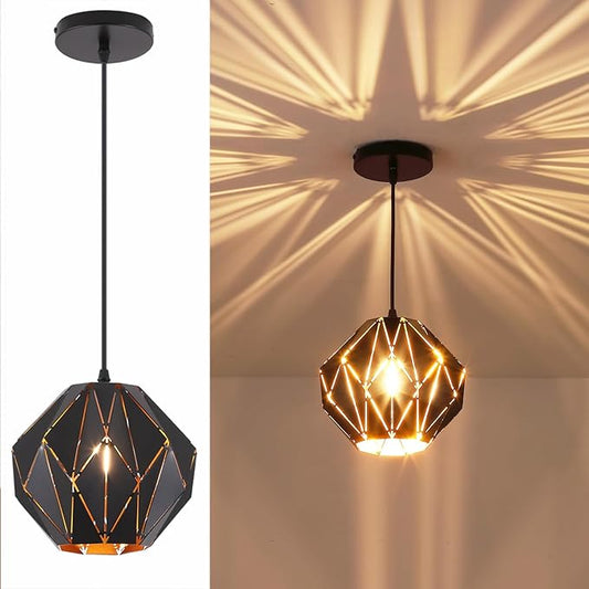 baunoisk Pendant Light Industrial Vintage Pendant Lamp Retro Farmhouse Ceiling Hanging Light Fixture Black Metal Creative Geometric Diamond Shade Pendant Lighting for Kitchen Island