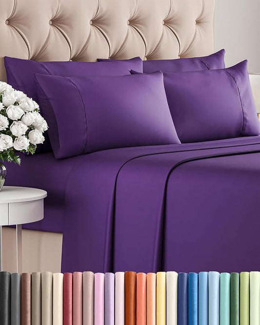 Full 6 Piece Sheet Set - Comfy Breathable & Cooling - Ultra Soft Hotel Luxury Bedding Set w/ 8-16 Inch Deep Pockets - 1 Flat & 1 Fitted Sheet & 4 Pillowcases - Cozy, Wrinkle Free & Easy Care - Purple