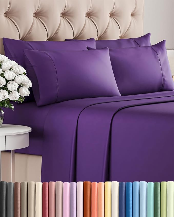 King 6 Piece Sheet Set - Comfy Breathable & Cooling - Ultra Soft Hotel Luxury Bedding Set w/ 8-16 Inch Deep Pockets - 1 Flat & 1 Fitted Sheet & 4 Pillowcases - Cozy, Wrinkle Free & Easy Care - Purple