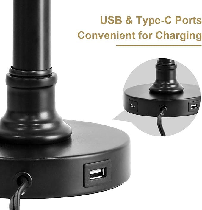 Oneach 19.5" Small Table Lamp with USB A+C Charging Ports, Black Modern Rustic Bedside Lamp with Natural Shade, Black Metal Pull Chain Desk Lamps for Living Room, Bedroom, Nightstand