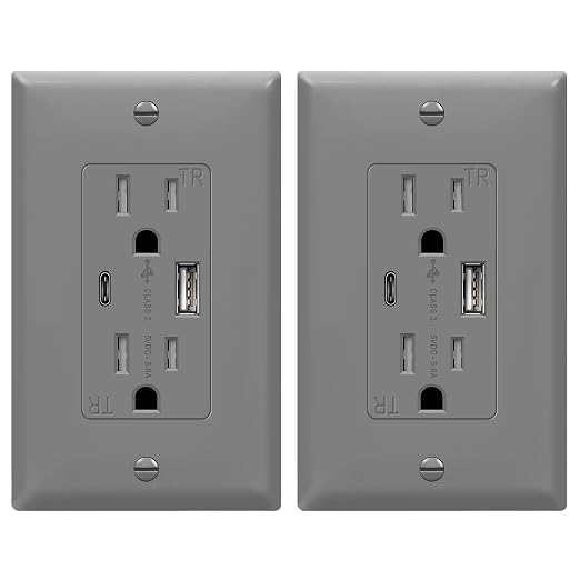 TOPGREENER 2-Port USB Outlet, 4.2A Type C USB Wall Outlet, 15 Amp TR Receptacle Plug, Charging Power Outlet with USB Ports, Wall Plate Included, UL Listed, TU21536AC-GY-2PCS, Gray, 2 Pack
