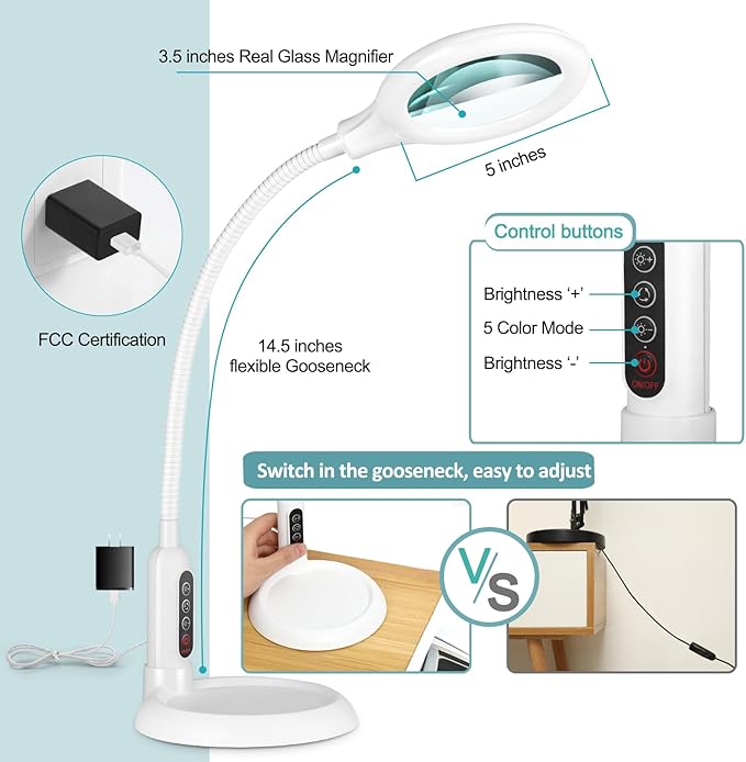 10X Magnifying Glass with Light and Clamp, 5 Color Modes Stepless Dimmable Lighted Magnifier with Stand, Flexible Gooseneck LED Desk Lamp Hands Free for Craft Painting Hobby Close Work