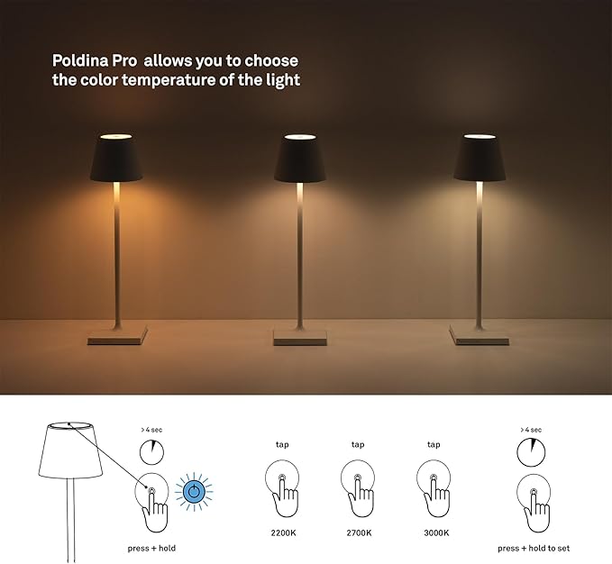 Zafferano, Poldina Pro Lamp, Rechargeable Cordless Table Lamp with Touch Controls, Suitable for Indoor and Outdoor, Dimmer, 2200-3000 K, Height 14.9 Inches, Dark Gray Color