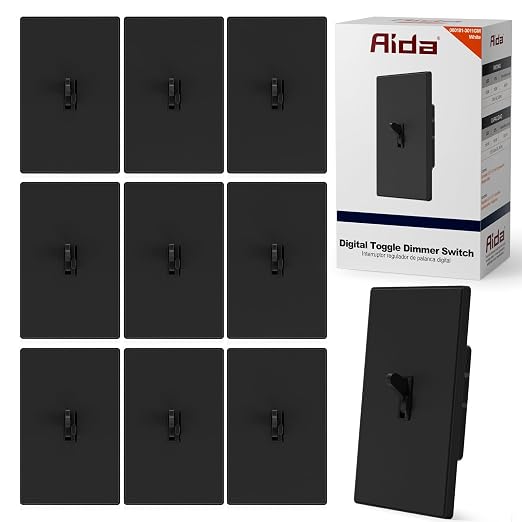 AIDA Digital Toggle Dimmer Switch for Dimmable LED, CFL & Incandescent Bulbs, Single Pole/3-Way, Screwless Wall Plate Included, UL Listed, No Neutral Wire Needed, Black, (10 Pack)