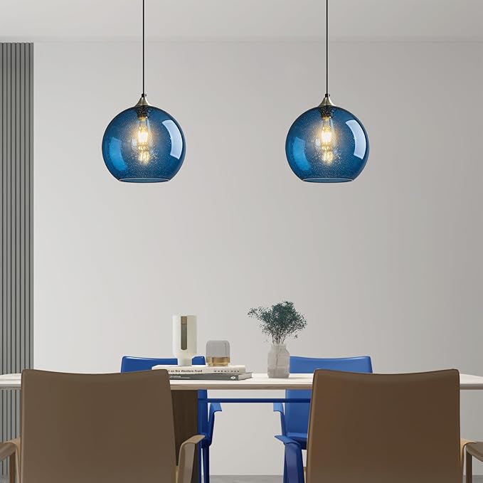 Modern 2-Pack Glass Globe Pendant Lights, Blue Modern Pendant Lighting for Kitchen Island, Clear Glass Hanging Lamps for Dining Room Living Room Bedroom, Medium 7.87 Inch Fixture (Bulbs Not Included)