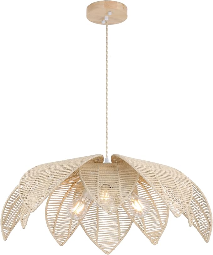 24”Hand Woven White Rattan Chandelier, 3-Lights Boho Light Fixture Adjustable Coastal Pendant Light for Kitchen Island Dining Living Room
