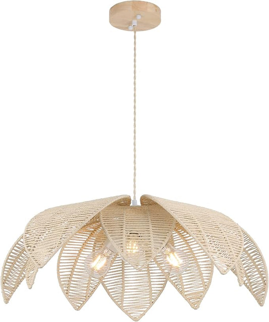 24”Hand Woven White Rattan Chandelier, 3-Lights Boho Light Fixture Adjustable Coastal Pendant Light for Kitchen Island Dining Living Room