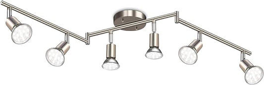 Ascher 6-Light LED Track Lighting Kit, Flexibly Rotatable Light Heads, 6 Way Ceiling Spotlight Matt Nickel Finish, Including 6 GU10 LED Bulbs (4W 400LM Daylight White 5000K)