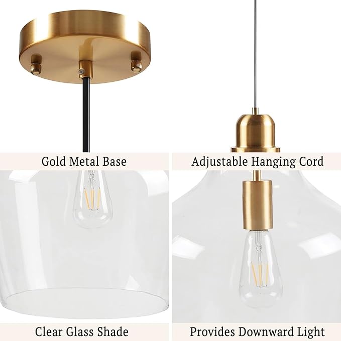INK+IVY Auburn Pendant Lighting for Dining Room, Industrial Kitchen Lights, Hand-blown Glass Bell Shaped Pendant Light for Kitchen Island, Foyer, Bedroom, 9" Dia x 95.5" H, Gold/Clear