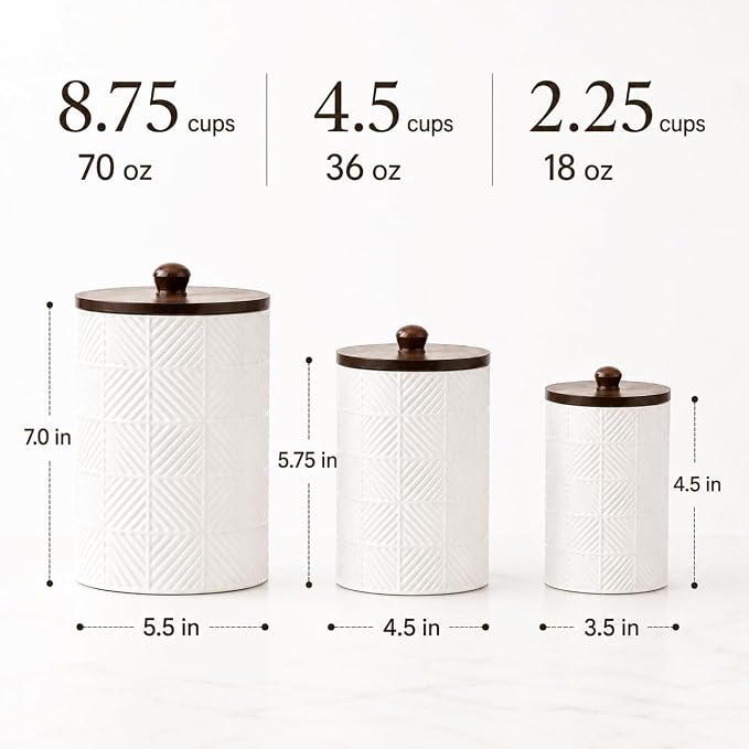 Ceramic Canisters Sets for the Kitchen - Kitchen Canisters for Countertop with Airtight Bamboo Lids - Ceramic Canister Set of 3 for Flour, Sugar, Tea or Spice - Airtight Coffee Canister