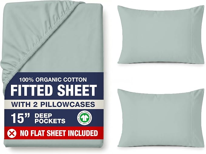 LANE LINEN 100% Organic Cotton Fitted Sheet Queen Size - 3 Pc Set (1 Fitted Sheet, 2 Pillowcases), Percale Weave, Soft, Breathable, Fits Mattress Upto 15" Deep - French Blue (No Flat Sheet)