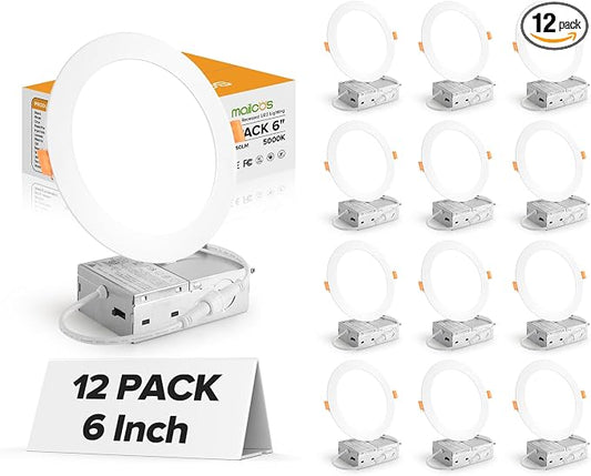 MAILCOS 12 Pack 6 Inch Ultra-Thin LED Recessed Ceiling Light with Junction Box, 5000K Daylight, 1050LM High Brightness, Dimmable Canless Wafer Downlight, 12W 120V, ETL