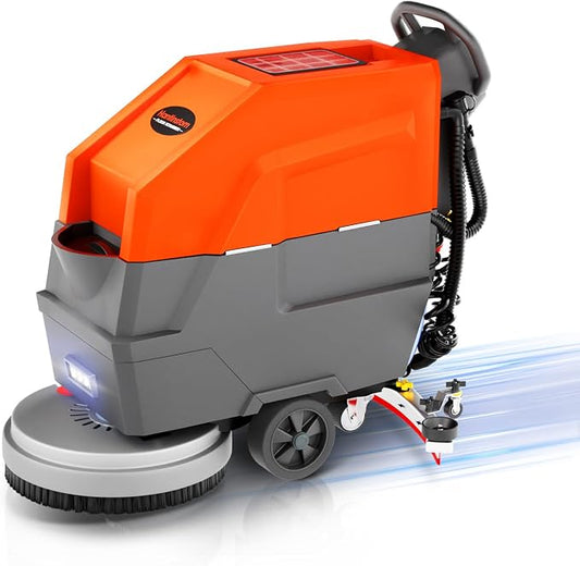 HANTINSTOM Walk Behind Commercial Floor Scrubber with 20" Ultra-Wide Scrubbing Path,High-pressure Watergun，LED Light，14.5 Gal Large Solution Tank,4 Hours Cordless Working Time,23,700 Sqft/h