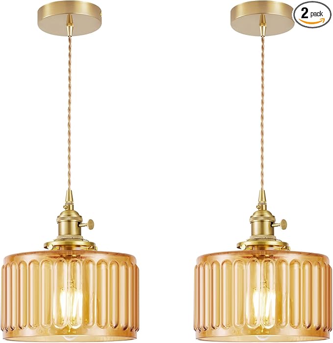 WimiSom 2 Pack Industrial Pendant Lighting, Modern Glass Shade Farmhouse Adjustable Hanging Light Fixtures for Kitchen Island Living Room Bedroom Hallway, Brown