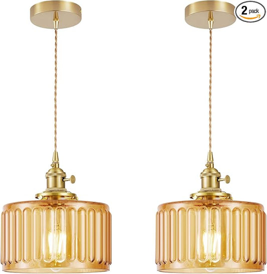 WimiSom 2 Pack Industrial Pendant Lighting, Modern Glass Shade Farmhouse Adjustable Hanging Light Fixtures for Kitchen Island Living Room Bedroom Hallway, Brown