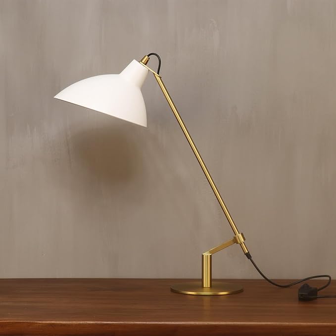 Desk Lamp Modern Industrial 100% Metal Adjustable Table Lamp 24", Natural Light (4000K) with Dimmer, Ideal for Office Bedroom Study Room Living Room Nightstand Bedside Lamps White+Brass