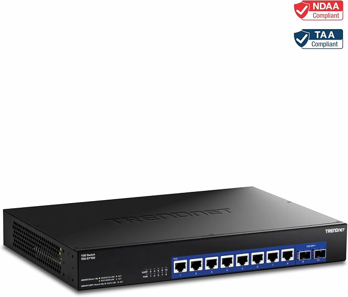 TRENDnet 10-Port 10G Unmanaged Switch, TEG-S7102, 8 x 10G RJ-45 Ports, 2 x 10G SFP+ Ports, 200Gbps Switching Capacity, Rackmount Design, Lifetime Protection, Black