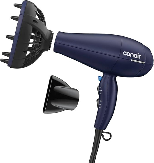 Conair Natural Texture Styling System Hair Dryer | Multi-Chamber Diffuser for Curly, Coily, and Wavy Hair, Dark Blue, 600XRL