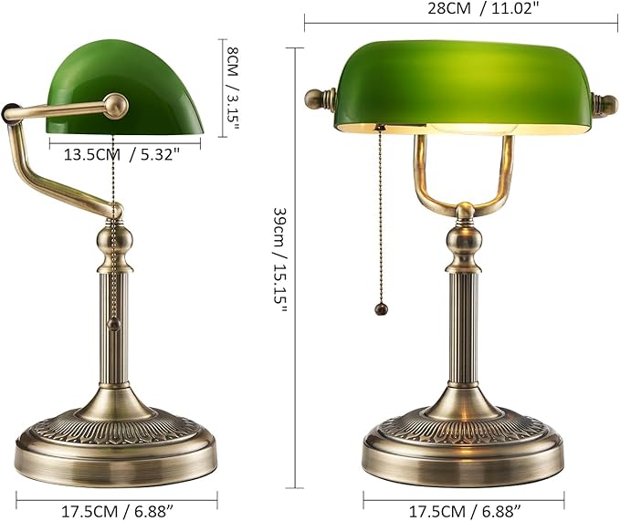 Green Glass Bankers Desk Lamp with Pull Chain Switch Plug in Fixture