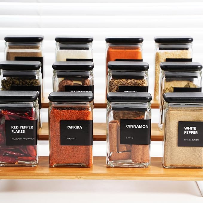 APT 1101 Glass Storage Jars with Bamboo Lid, glass canisters with airtight lids, Clear jars with lids for Spice, Cookie, Candy, Tea, Coffee Bean and Rice (Black, 4oz, set of 12)