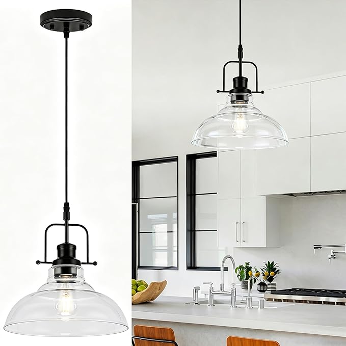 WILON Farmhouse Pendant Lights Kitchen Island Lighting, Black Pendant Light Over The Sink, Vintage Clear Glass Pendant Light, Industrial Hanging Light Fixture for Dining Room Over Table Bar Foyer