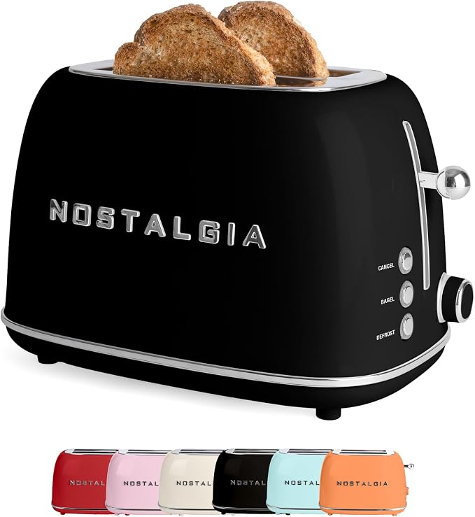 Nostalgia Classic Retro 2-Slice Toaster- Vintage Design- Enamel Coated Steel Body- Wide Slots for all Breads- Crumb Tray, Cord Storage- Defrost,Cancel and Bagel Function & 6 Toasting Levels- Black