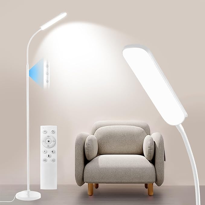 Yikuneng Dimmable LED Floor Lamp, Super Bright Reading Lamps Floor Standing Lamp with Remote & Touch Control, Stepless Dimming & 2700K-6500K Color Temperature, for Living Room Bedroom Office, White