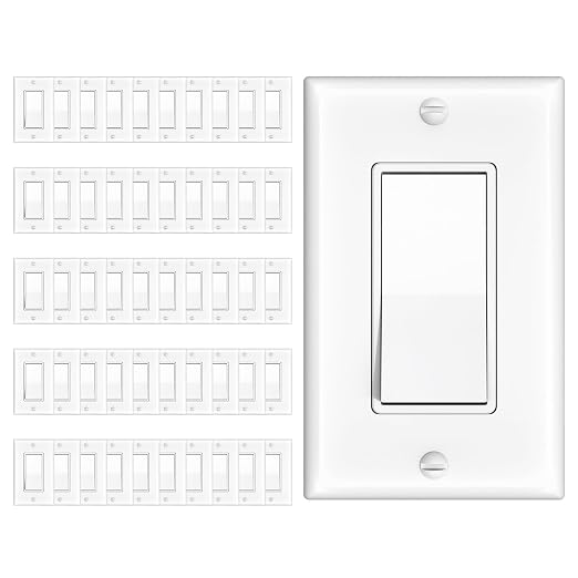 Amico Single Pole Light Switch with Wall Plate, UL Listed, 15A 120/277V, On/Off Rocker Paddle Interrupter Wall Switch, Grounding Screw, Residential Grade, Suitable for Home and Business, White