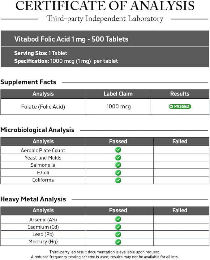Vitabod Folic Acid 1 mg (1000 mcg) (Vitamin B9) - 500 Vegetarian Tablets - an Essential Prenatal and Postnatal Vitamin