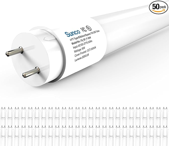 Sunco 50 Pack T8 LED Bulbs 4 Foot, Tube Light Bulbs Ballast Bypass, 48 Inch Fluorescent Replacement, 2200 LM, 18W, 5000K Daylight, Single Ended Power, Type B, Frosted Lens UL