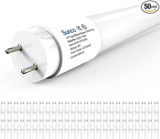 Sunco 50 Pack T8 LED Bulbs 4 Foot, Tube Light Bulbs Ballast Bypass, 48 Inch Fluorescent Replacement, 2200 LM, 18W, 5000K Daylight, Single Ended Power, Type B, Frosted Lens UL