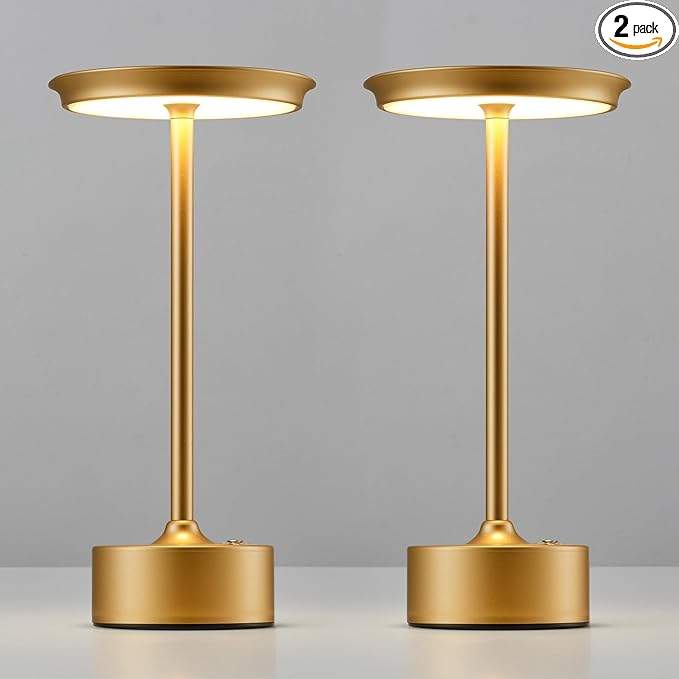 PUSU Rechargeable Table Lamps Set of 2, Gold Cordless LED 4000mAh Battery Desk Lamp, Stepless Dimming & 3 Color 2700K-6000K, Portable Lamp for Bedroom, Living Room, Restaurant, Outdoor, Night Light