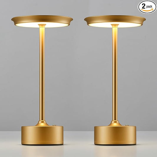PUSU Rechargeable Table Lamps Set of 2, Gold Cordless LED 4000mAh Battery Desk Lamp, Stepless Dimming & 3 Color 2700K-6000K, Portable Lamp for Bedroom, Living Room, Restaurant, Outdoor, Night Light