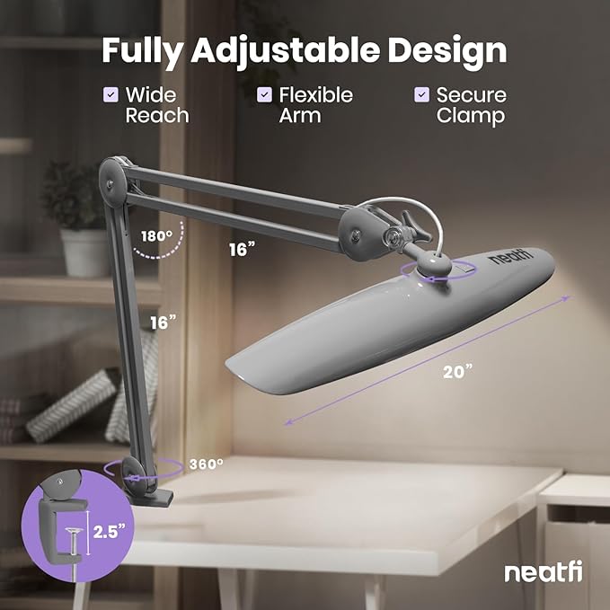 Neatfi XL 2200 Lumens 24W LED Desk Lamp – Shadow-Free Task Lighting | 4-Level Dimming | Home Office & Crafts Use | 20-Inch Wide Head (Silver, Non-CCT with Clamp)