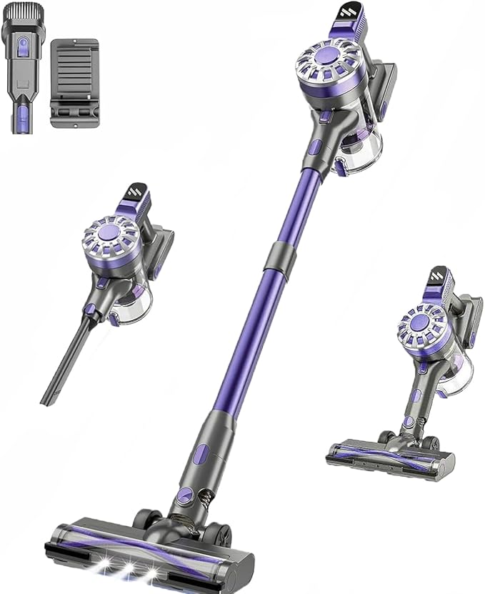 Cordless Vacuum Cleaner, 6 in 1 Lightweight Stick Vacuum with Rechargeable Battery, Handheld Conversion, LED Headlights & 180° Swivel Brush, for Hardwood Floor Carpet Pet Hair Stairs Car(Light Purple)
