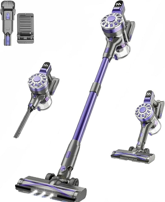 Cordless Vacuum Cleaner, 6 in 1 Lightweight Stick Vacuum with Rechargeable Battery, Handheld Conversion, LED Headlights & 180° Swivel Brush, for Hardwood Floor Carpet Pet Hair Stairs Car(Light Purple)