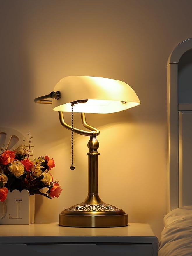 Glass Bankers Desk Lamp with Pull Chain Switch Plug in Fixture (Matted White +Green Bronze Base, Classic)