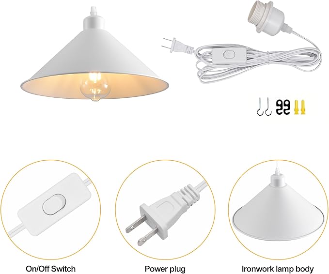 11.8IN Plug in Pendant Light 2 Pack Industrial Hanging Lamp White Vintage Pendant Lighting Fixtures with 15ft Cord On/Off Switch for Kitchen Island Dinning