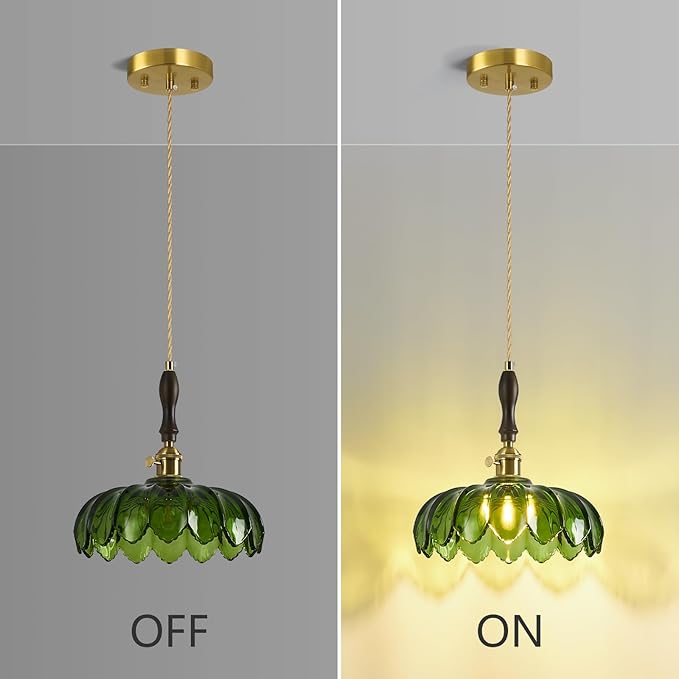 Modern Green Glass Pendant Light Retro Flower Glass Hanging Lamp Gold Brass Decorative Adjustable Ceiling Hanging Light Suitable for Kitchen Island Bedroom Dining Room Living Room