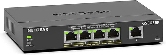 NETGEAR 5 Port PoE Gigabit Ethernet Easy Smart Managed Essentials Switch (GS305EP) - with 4 x PoE+ @ 63W, Desktop or Wall Mount