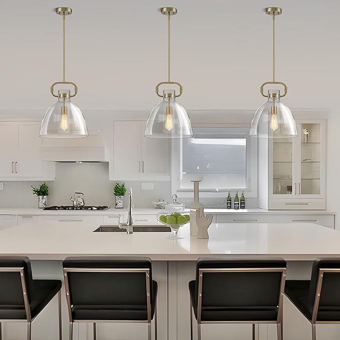 14’’ Large Glass Pendant Lights Kitchen Island, 1-Light Modern Gold Kitchen Island Lighting, Adjustable Antique Brass Hanging Pendant Light Fixture for Dining Room Bedroom Hallway E26