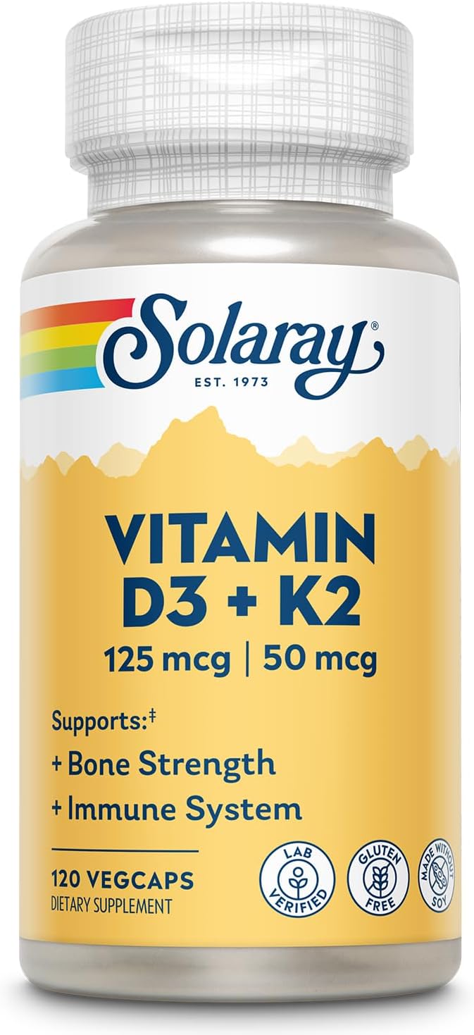 SOLARAY Vitamine D3 K2 - Complément pour la santé osseuse et le soutien immunitaire - Avec 5000 UI de vitamine D sous forme de Vit D3 et 50 mcg de vitamine K2 sous forme de Ménaquinone MK7, sans soja, garantie 60 jours, 120 doses, 120 VegCaps