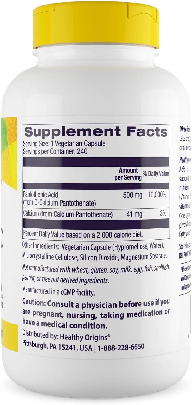 Healthy Origins Premium Vitamin B5 Pantothenic Acid 500 mg Vegan Capsules, High Strength, Energy Boost and Metabolism Support, Tiredness & Fatigue, Acne Supplement for Skin Care, White, 240 Count