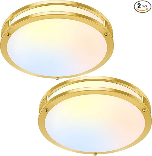 13 Inch Flush Mount Light Fixtures, 2-Pack Gold LED Ceiling Lights with 2700K/3000K/4000K/5000K/6500K 5 Color Temperatures, Modern Round LED Lights for Kitchen Bedroom Bathroom Living Room Closet
