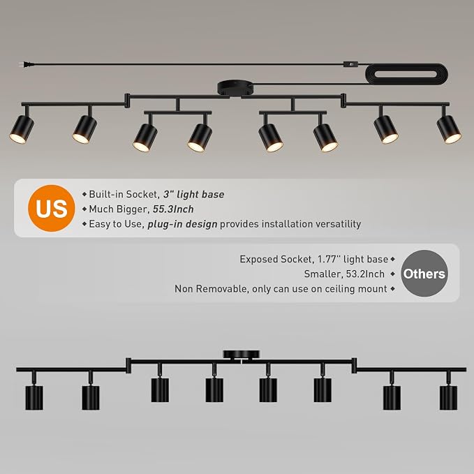 Plug in Track Lighting LED, Track Lighting Fixtures Ceiling, Black 8-Light Kitchen Light Kit, Plug in Wall Light with 14.8ft Power Cord, Rotatable Ceiling Spotlight for Bedroom(GU10 Socket, NO Bulb)