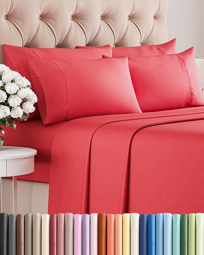 Queen 6 Piece Sheet Set - Comfy Breathable & Cooling - Ultra Soft Hotel Luxury Bedding Set with 8-16 Inch Deep Pockets - 1 Flat & 1 Fitted Sheet & 4 Pillowcases - Cozy, Wrinkle Free & Easy Care - Red