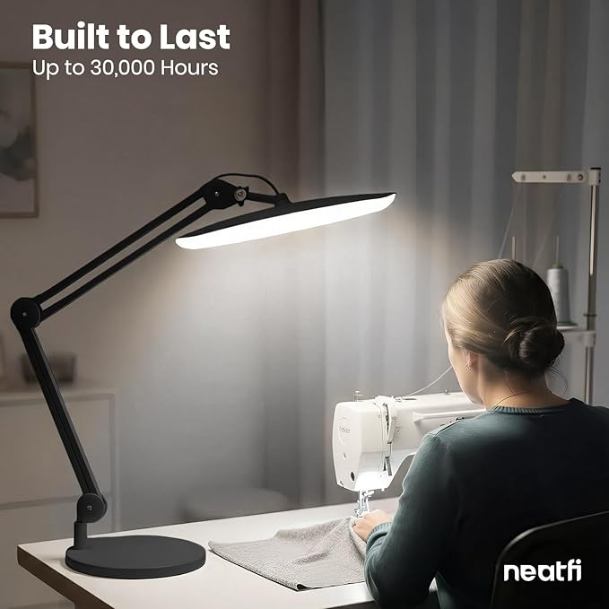 Neatfi XL 2200 Lumens 24W LED Desk Lamp - 4-Level Dimmable Task Light | Home Office, Crafts & Workbench | 20-Inch Wide Head (Black, Non-CCT with Base)